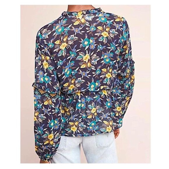 ANTHROPOLOGIE - Meadow Rue Strasser Boho navy blue floral embroidered blouse - Picture 4 of 11